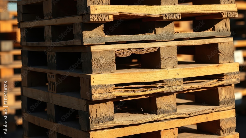 A close-up of a stack of wooden pallets, showcasing the intricate details of their construction and the wear and tear that comes with repeated use. A close-up of a stack of wooden pallets, showcasing the intricate details of their construction and the wear and tear that comes with repeated use.