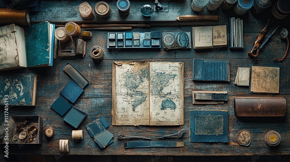 Overhead view of antique map, art supplies, and tools on a rustic wooden table. Overhead view of antique map, art supplies, and tools on a rustic wooden table.