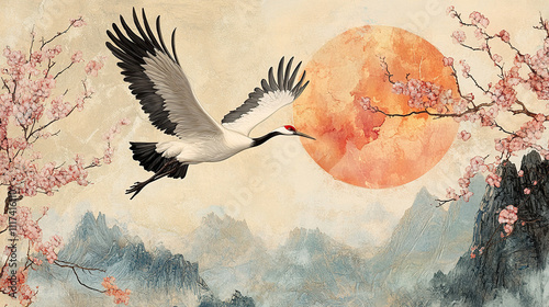 Japanese Crane Spring Landscape Painting Wallpaper 