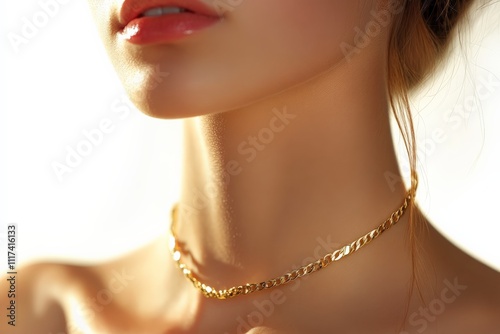 woman, beauty, neck, neckless, gold, jewelry, hair, fashion, face, model, person, glamour, people, brunette, long, one,, lips, sensuality, smile, elegance, studio, skin, smiling, make-up, head, closeu photo