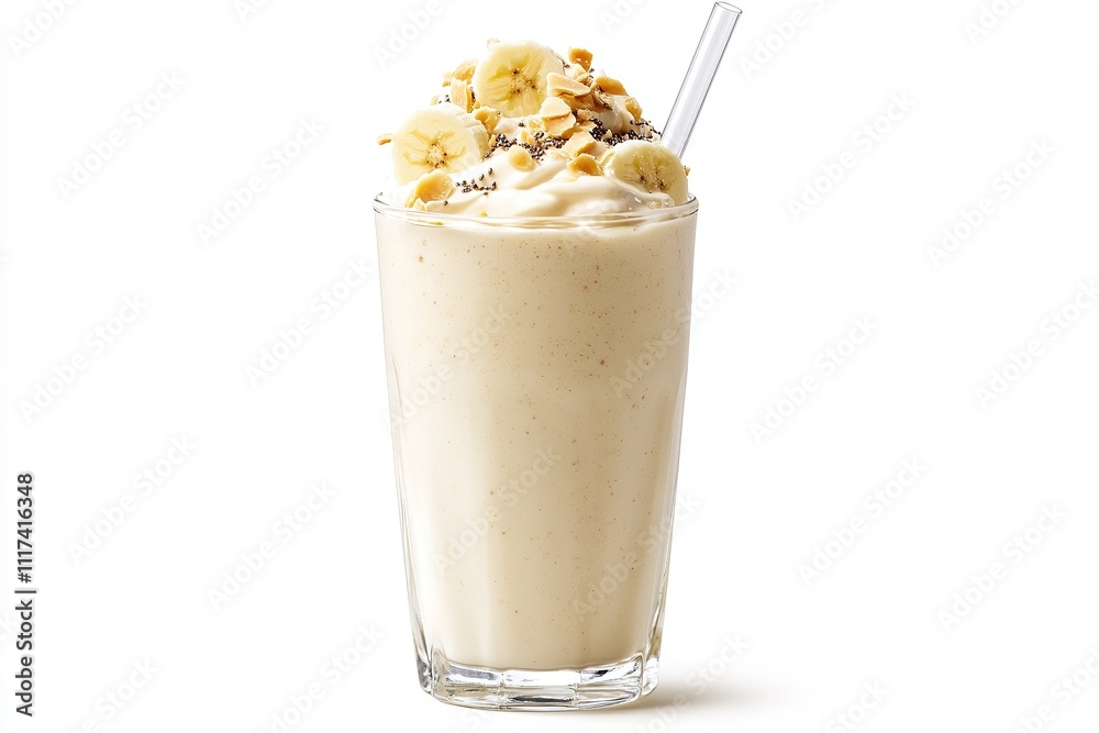 A tall glass of creamy almond milk smoothie topped with fresh banana slices, crushed almonds, and a sprinkle of chia seeds. A tall glass of creamy almond milk smoothie topped with fresh banana slices, crushed almonds, and a sprinkle of chia seeds.
