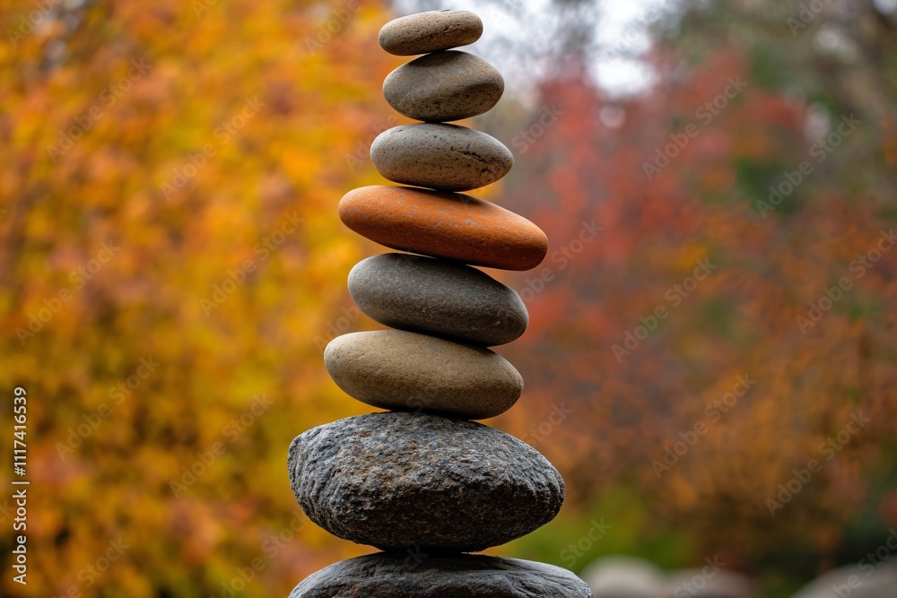 Stack of rocks balancing in autumn forest evokes peace, mindfulness, and meditation, creating a serene atmosphere Stack of rocks balancing in autumn forest evokes peace, mindfulness, and meditation, creating a serene atmosphere