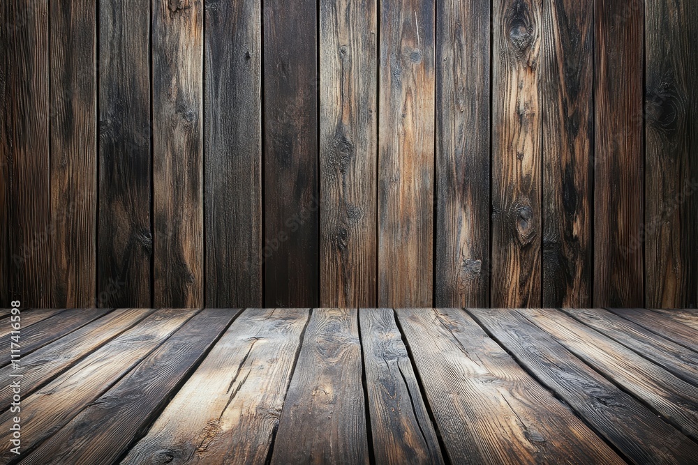 A rustic wooden wall and floor backdrop, ideal for photography or design purposes. A rustic wooden wall and floor backdrop, ideal for photography or design purposes.
