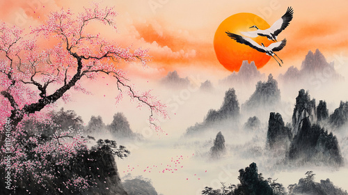 Japanese Crane with Mountain Landscape Traditional Painting High Resolution