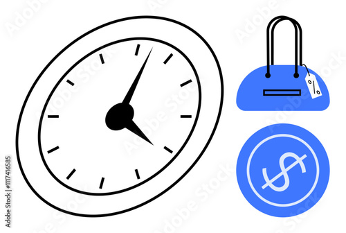 Clock showing time, blue purse with a price tag, and dollar sign in a circle. Ideal for time management, financial planning, budgeting, shopping, economics investment savings. Line metaphor