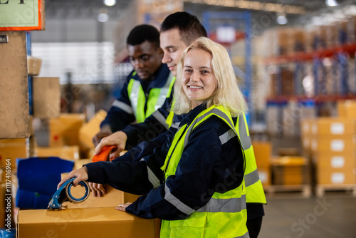 Female blonde hair professional worker wearing safety uniform using packing tape on packaging cardboard box product in warehouse.