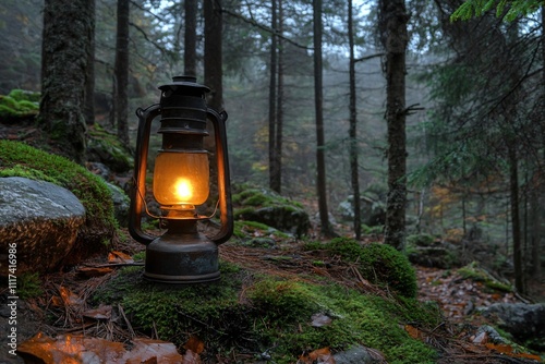 Antique kerosene lamp glows warmly on a mossy forest path, creating a mystical and enchanting atmosphere photo