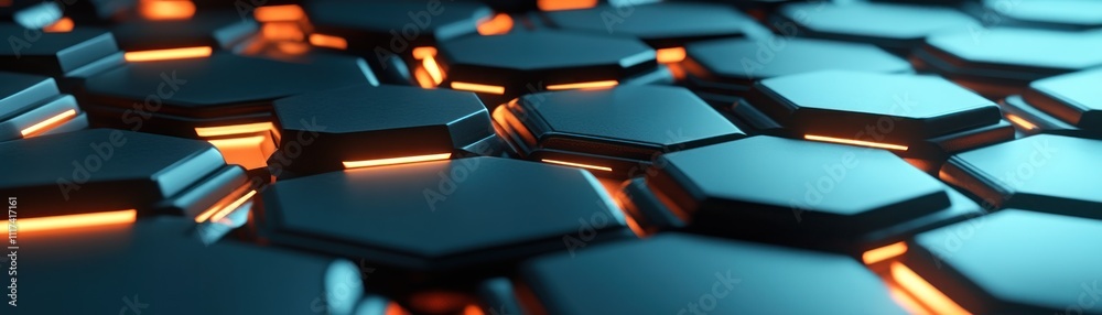A close-up view of hexagonal tiles with glowing edges, showcasing a futuristic design. A close-up view of hexagonal tiles with glowing edges, showcasing a futuristic design.