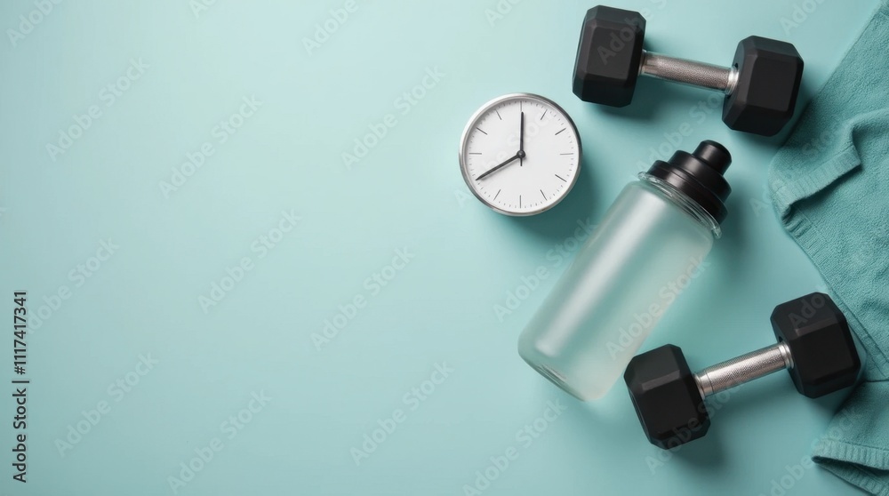 Minimalist Flat Lay of Gym Equipment with Water Bottle