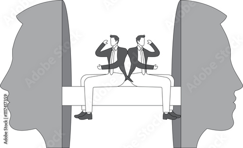 Low self-esteem, sadness, mental health, mental illness, anxiety or loneliness, psychology, social phobia, negativity, disappointment upset businessman sitting listlessly between two masks