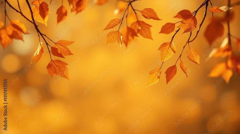 Golden autumn leaves on a twig silhouetted against a soft, blurred background of warm orange hues. Golden autumn leaves on a twig silhouetted against a soft, blurred background of warm orange hues.