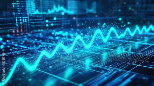 A bold and continuous glowing heartbeat line in vibrant turquoise runs smoothly across a blue digital grid. The line seems to be constructed of tiny light .