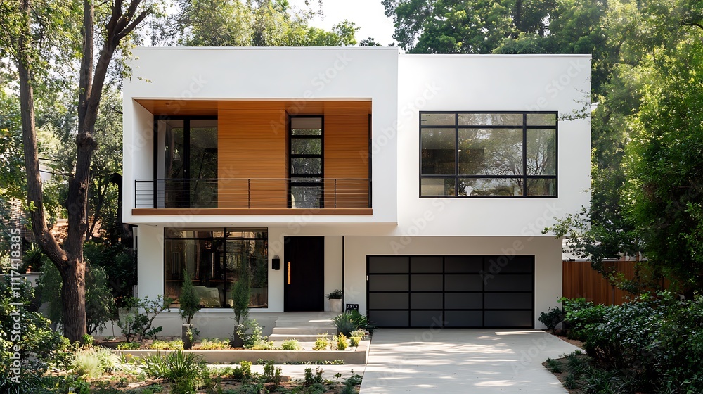 Modern white two-story house with wood accents, large windows, and a two-car garage. Modern white two-story house with wood accents, large windows, and a two-car garage.