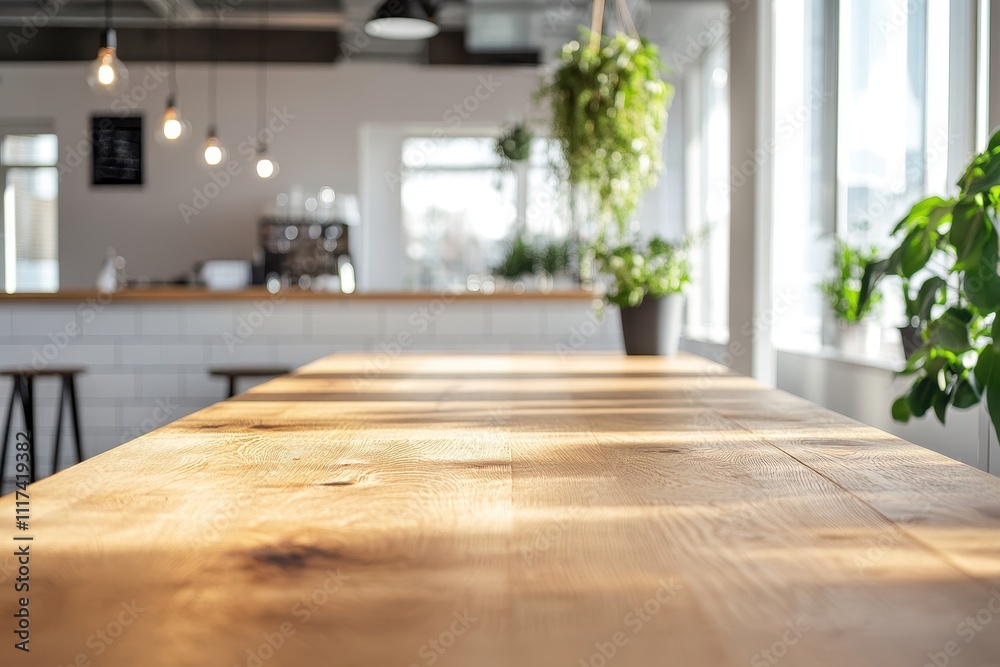 A bright, modern caf? interior with a wooden table and plants, inviting relaxation and socializing. A bright, modern caf? interior with a wooden table and plants, inviting relaxation and socializing.