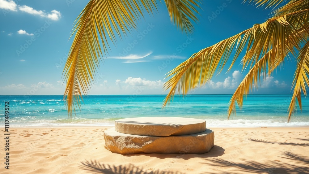 Tropical Beach Scene with Stone Platform Under Palm Tree Leaves and Blue Sky Tropical Beach Scene with Stone Platform Under Palm Tree Leaves and Blue Sky