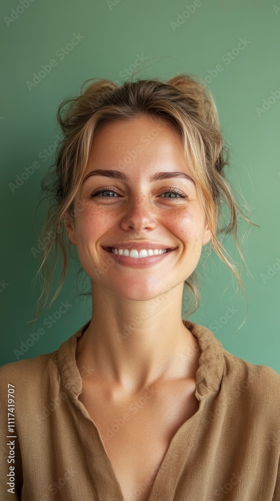 Fototapeta premium Cheerful young woman with natural look smiling warmly, standing in front of a soft green background.