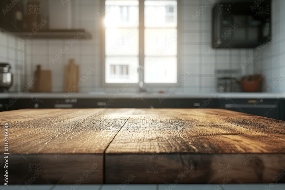 A wooden kitchen countertop with a warm glow, showcasing a modern kitchen setting. A wooden kitchen countertop with a warm glow, showcasing a modern kitchen setting.