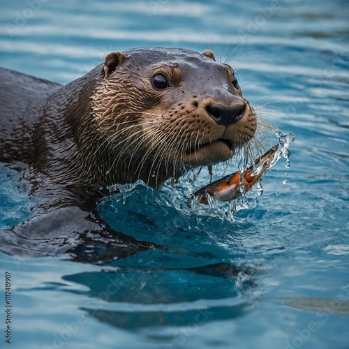 A giant otter catching a fish in a splash of water against a crisp blue sky.