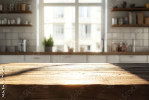 A sunlit wooden countertop in a modern kitchen with shelves and plants in the background.