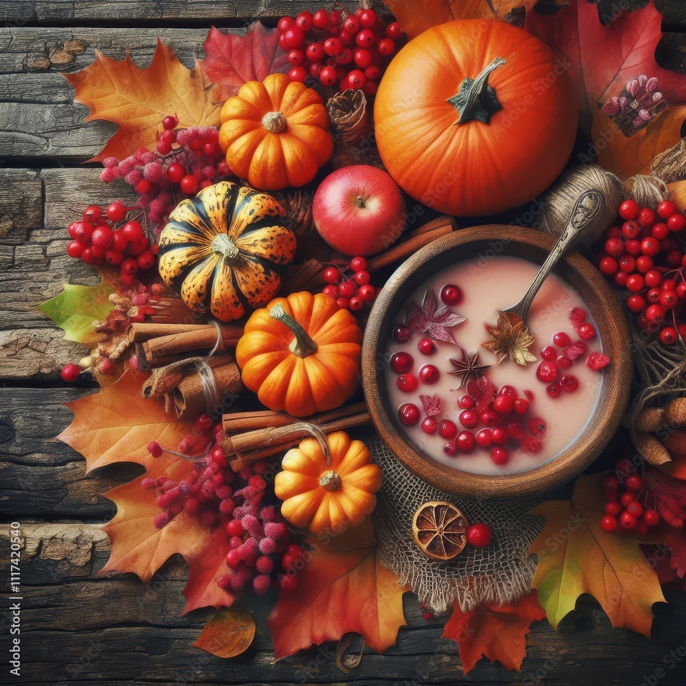 Top view of Autumn maple leaves with Pumpkin and red berries on old wooden background.
Top view of Autumn maple leaves with Pumpkin and red berries on old wooden background.