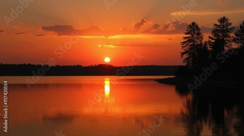 Serene Sunset Silhouette over Still Lake