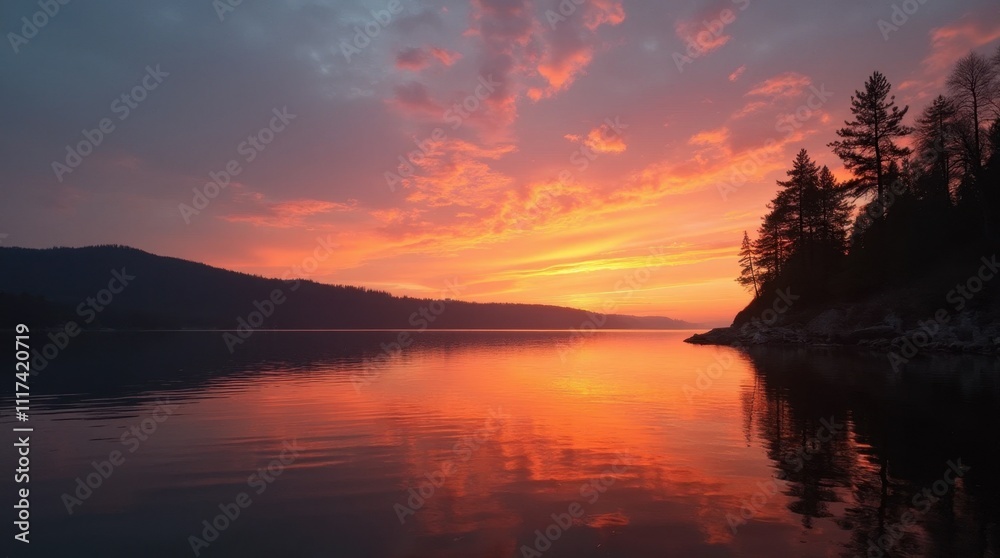 Silhouetted Trees at Sunset Over a Calm Lake Silhouetted Trees at Sunset Over a Calm Lake