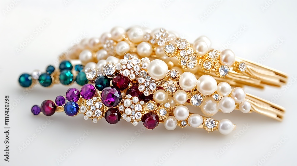 Golden Hair Clips with Pearls and Gemstones