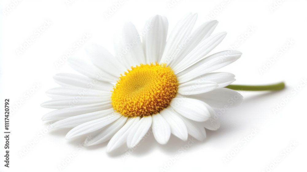 Fototapeta premium Close-up of a bright white daisy with a vibrant yellow center against a stark white background, showcasing its delicate petals and natural beauty.