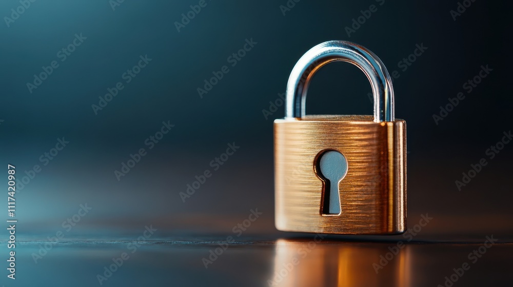Close-Up of a Massive Bronze Padlock with Shiny Chrome Shackle on a Dark Background Close-Up of a Massive Bronze Padlock with Shiny Chrome Shackle on a Dark Background