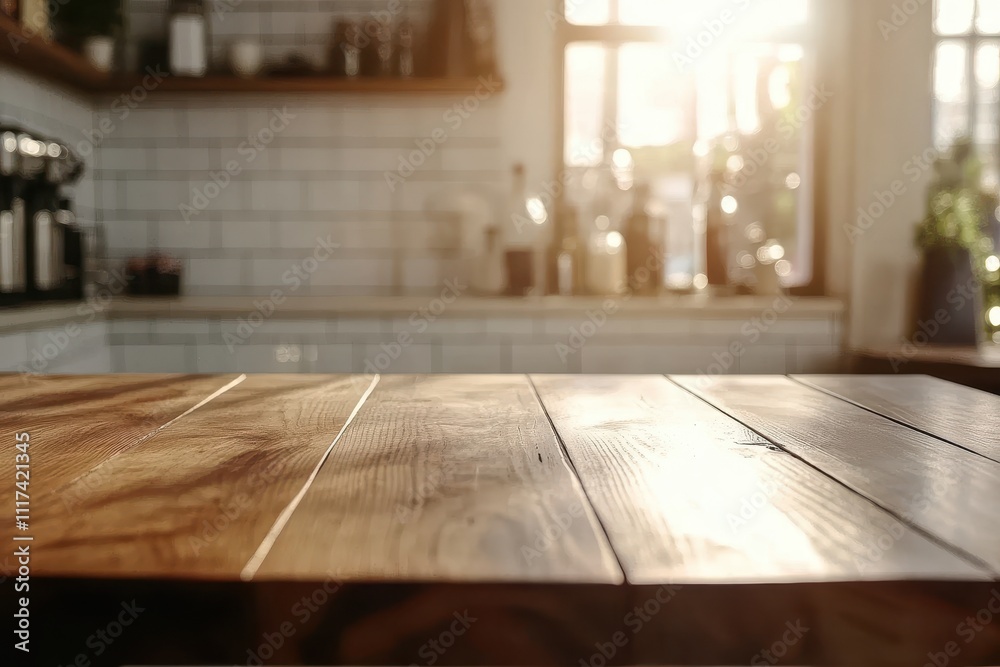 A sunlit kitchen scene with a wooden table, creating a warm and inviting atmosphere. A sunlit kitchen scene with a wooden table, creating a warm and inviting atmosphere.