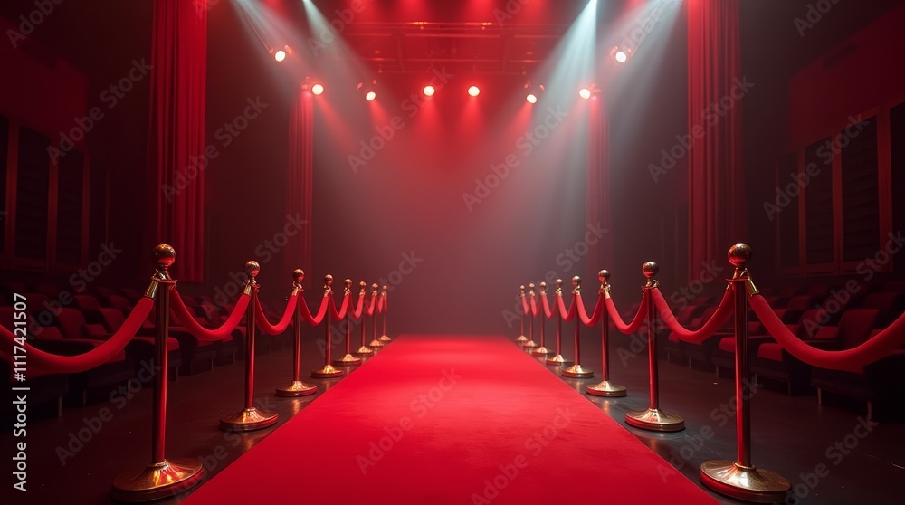 Illuminated red carpet walkway with velvet ropes in a grand hallway. Luxurious entrance setting for formal events or premieres Illuminated red carpet walkway with velvet ropes in a grand hallway. Luxurious entrance setting for formal events or premieres