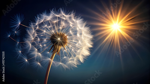 Glowing dandelion seed dispersing into darkness symbolizing dreams and hope. Perfect for: New Year's, Spring photo