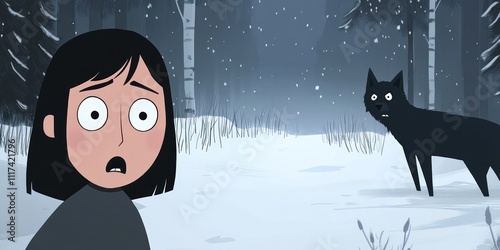 A startled girl in a snowy forest encounters a surprised black wolf. photo