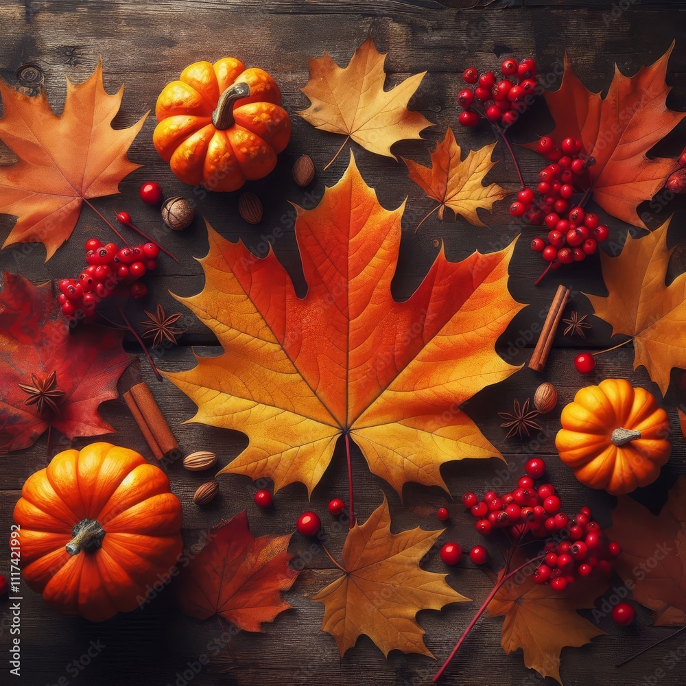 Top view of Autumn maple leaves with Pumpkin and red berries on old wooden background.
Top view of Autumn maple leaves with Pumpkin and red berries on old wooden background.