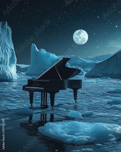 Majestic Grand Piano Sitting on Icebergs Under the Full Moonlit Sky