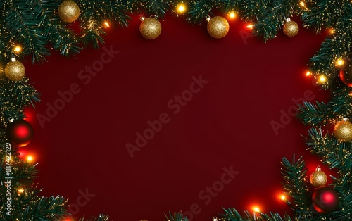 Festive Christmas decorations featuring vibrant colors, set against a red background, creating a cheerful holiday atmosphere.