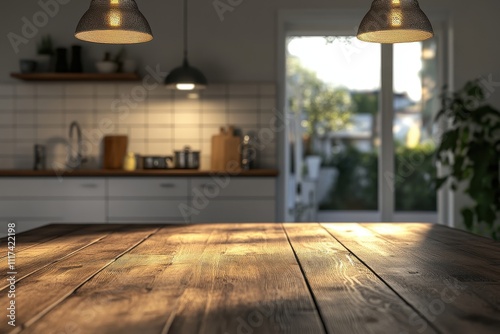 A cozy kitchen scene with wooden table and natural light from a garden view.