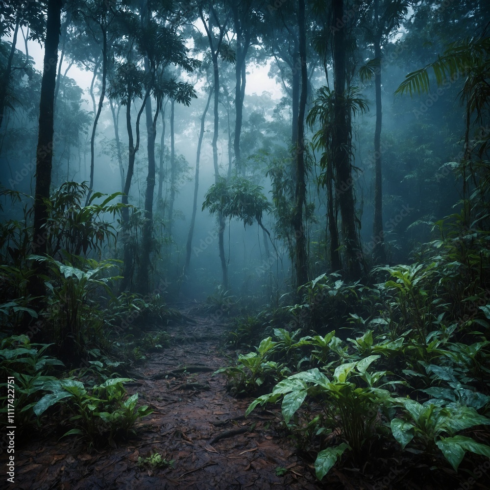 Fototapeta premium A misty Amazon forest floor with a soft white and blue atmospheric glow.