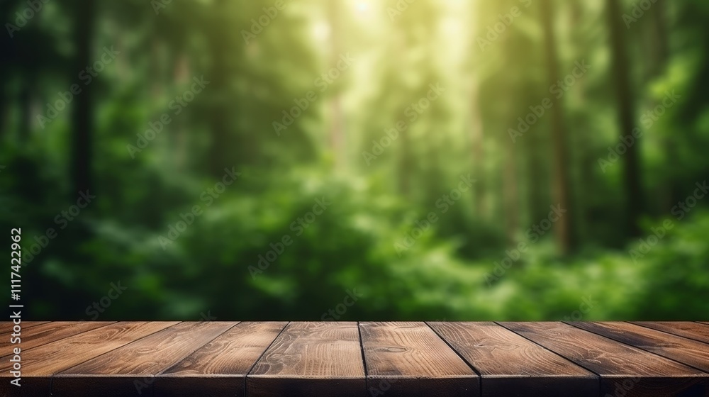 Empty wood table top on green forest background, for display or montage your products. Empty wood table top on green forest background, for display or montage your products.