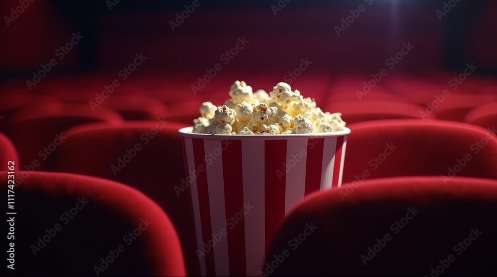 Red and white striped bucket of popcorn on a theater seat in an empty cinema hall. Movie experience and entertainment concept Red and white striped bucket of popcorn on a theater seat in an empty cinema hall. Movie experience and entertainment concept