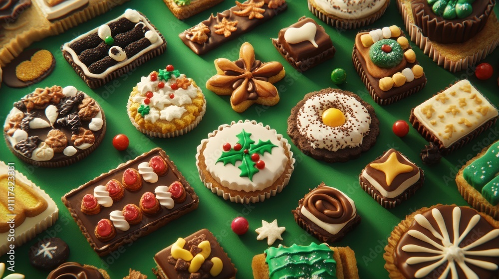 Flat layout of chocolate themed treats on christmas holiday background, space for holiday sale text. Flat layout of chocolate themed treats on christmas holiday background, space for holiday sale text.