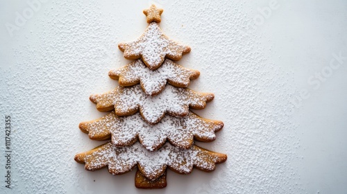 Minimalist Christmas Tree Cookie Decor with Powdered Sugar, White Background