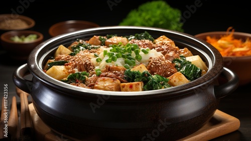 Korean food, Kimchi soup with tofu and pork in Korean stone pot. 