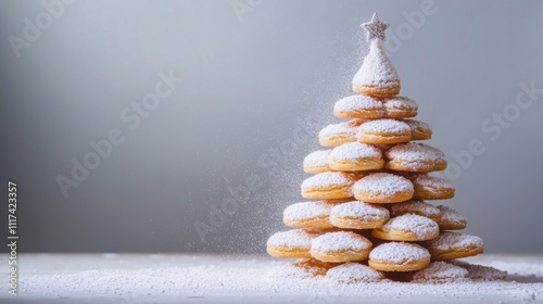 Minimalist Christmas Tree Cookie Decor with Powdered Sugar, White Background