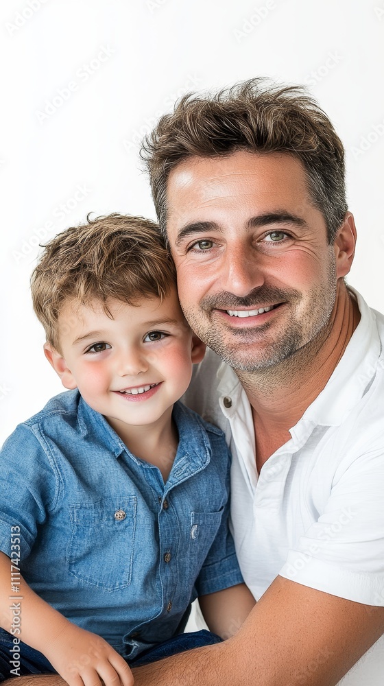 A happy father and son duo smiling warmly for the camera, capturing a moment of family joy and connection. A happy father and son duo smiling warmly for the camera, capturing a moment of family joy and connection.