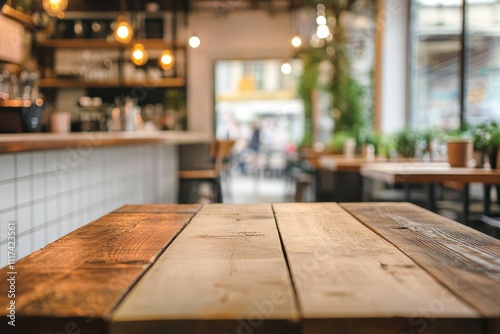 A cozy caf? interior with wooden tables and warm lighting.