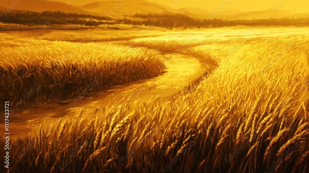 Fototapeta premium Golden Wheat Field with a Winding River