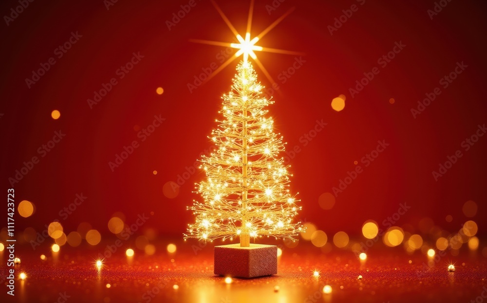 A glowing Christmas tree stands out against a background, surrounded by sparkling lights. A glowing Christmas tree stands out against a background, surrounded by sparkling lights.