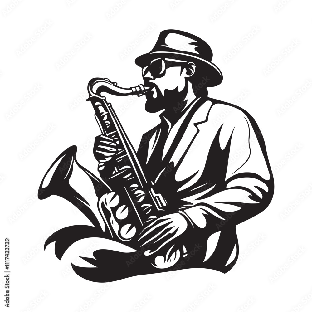 Musician with Saxophone and Hat Performing Jazz Vector Image Isolated on White Musician with Saxophone and Hat Performing Jazz Vector Image Isolated on White
