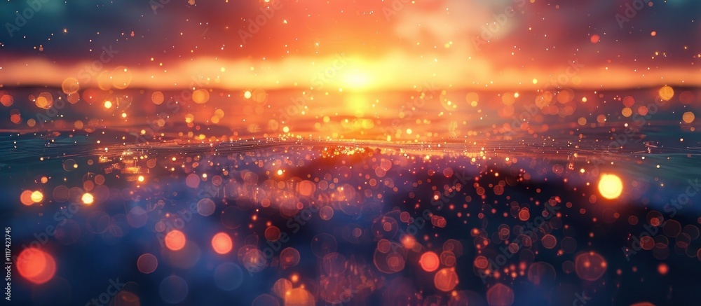 Obraz premium Shimmering Cosmic Glowing Ethereal Sunset Backdrop with Sparkling Lights and Enchanting Atmosphere Vibrant Night Sky with Dazzling Luminous Glow and Dreamy Fantasy Landscape